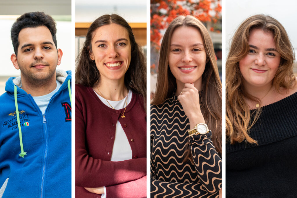 Fábio Alves (Eng. Informática), Sara Andrade (CCO), Rubina Nascimento (Enfermagem) e
Luisana Gonçalves (Direção e Gestão Hoteleira), alguns dos estudantes distinguidos com a Bolsa de Mérito em dezembro de 2024.