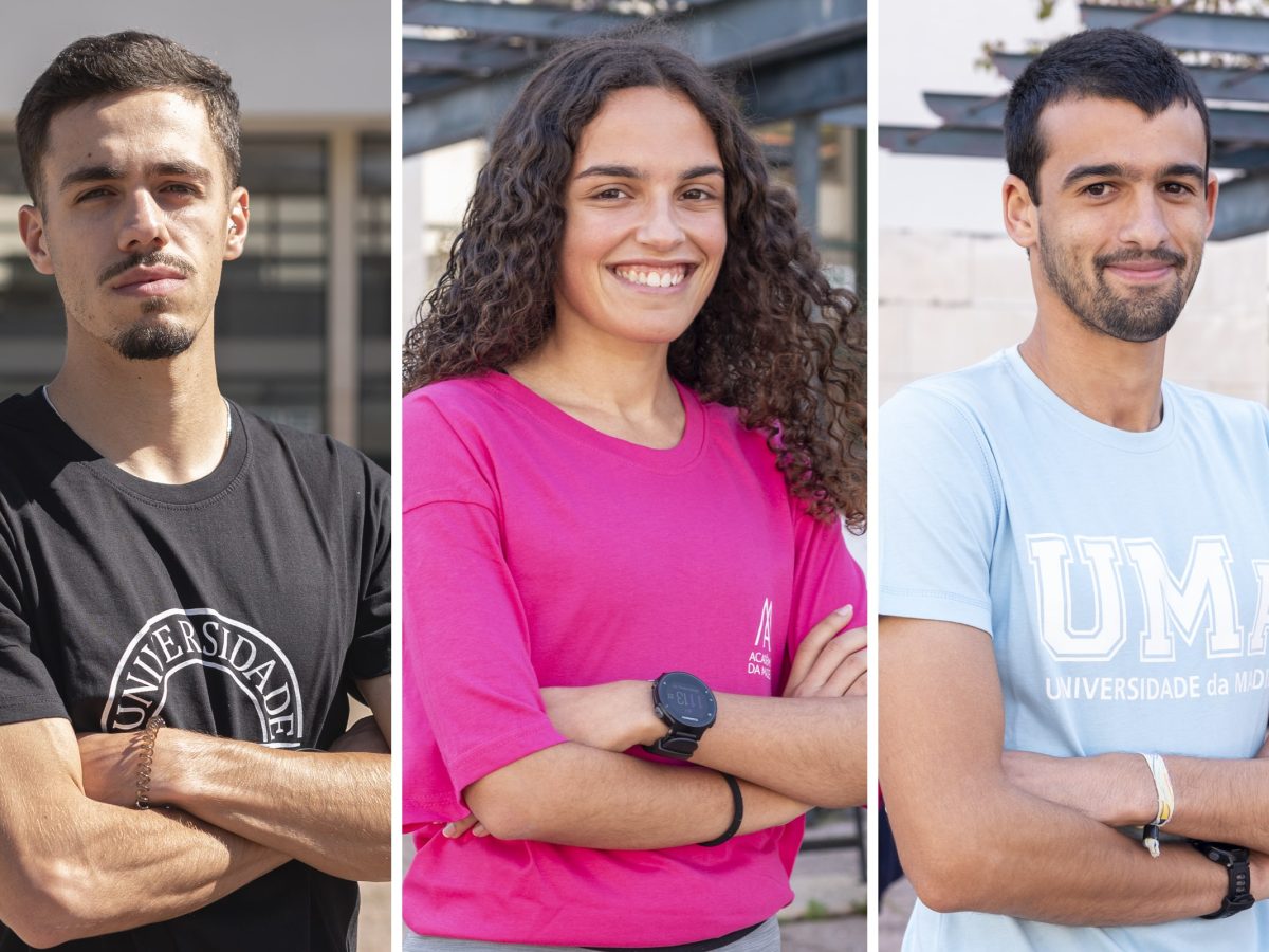 Nuno Pereira, medalha de ouro nos 3000m; Adriana Ornelas, medalha de bronze nos 3000 metros marcha e João Olim, medalha de ouro 5000 metros marcha no Campeonato Nacional Universitário Atletismo em Pista Coberta de 2023, em Pombal.